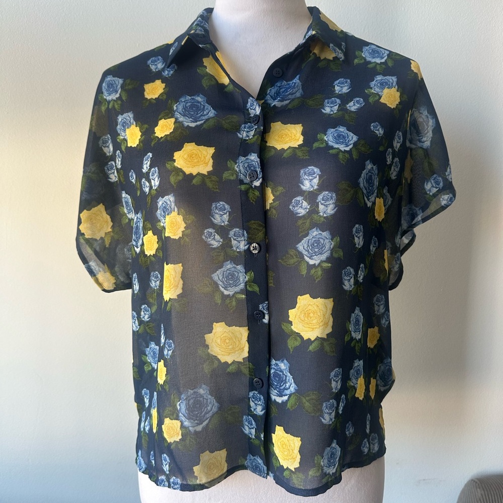 The Kooples Sport Navy & Yellow Floral Sheer Muslin Top in M